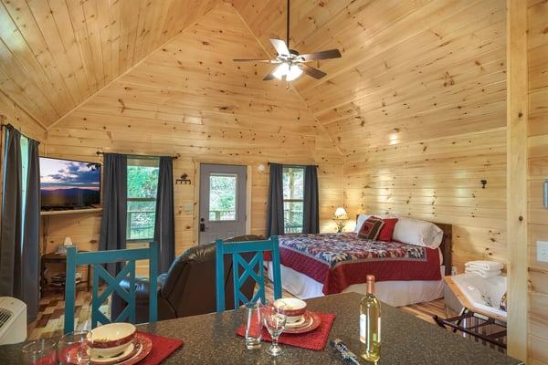 Elevated cabin with metal roof, wooden deck and screened porch surrounded by trees